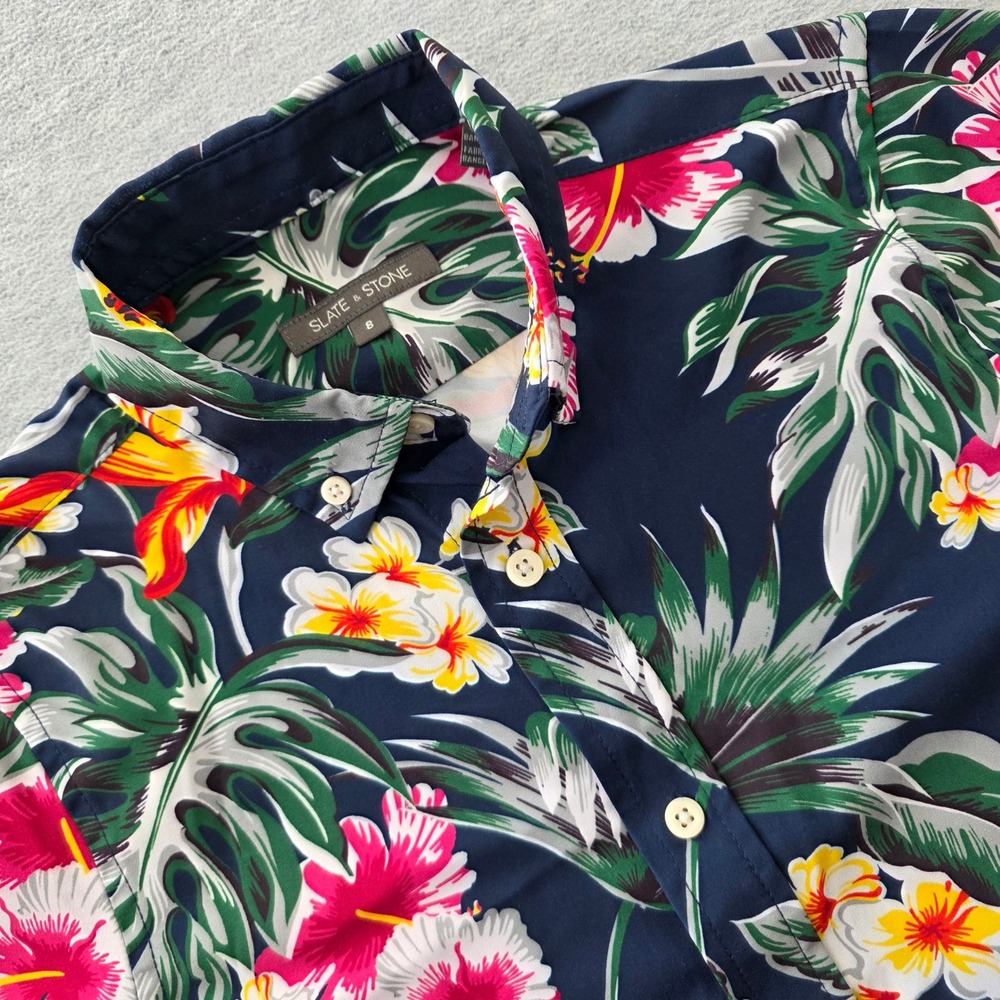 Slate & Stone Boys Navy Blue Tropical Hibiscus Floral Button Down Shirt Size 8